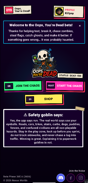 Oops, You're Dead Android home screen with Join the Chaos and Start the Chaos buttons